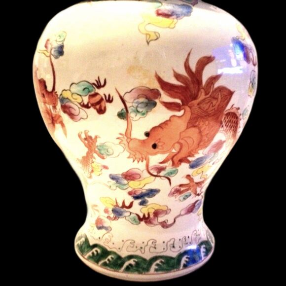 Vintage Hand Painted Dragon Themed Asian Large Ginger Jar with Lid 15 Inch - Picture 8 of 11